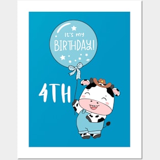 Cute baby cow boy 4th birthday Posters and Art